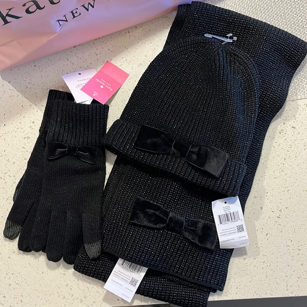 New with tags Kate Spade black bow beanie (hat), bow gloves, and bow scarf